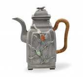 CHINESE PEWTER EWER INLAID W/J