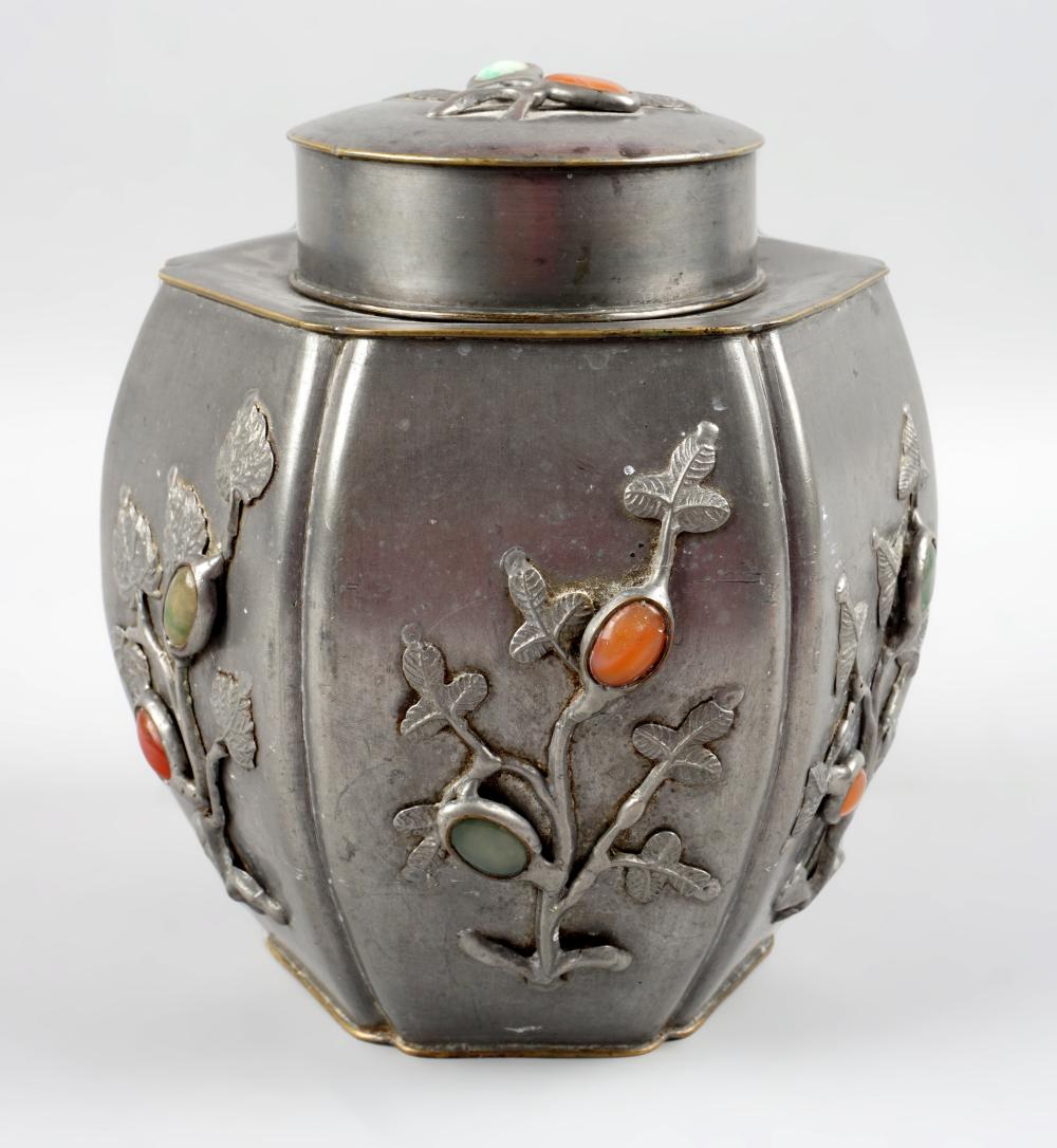 CHINESE PEWTER TEA CADDY INLAID