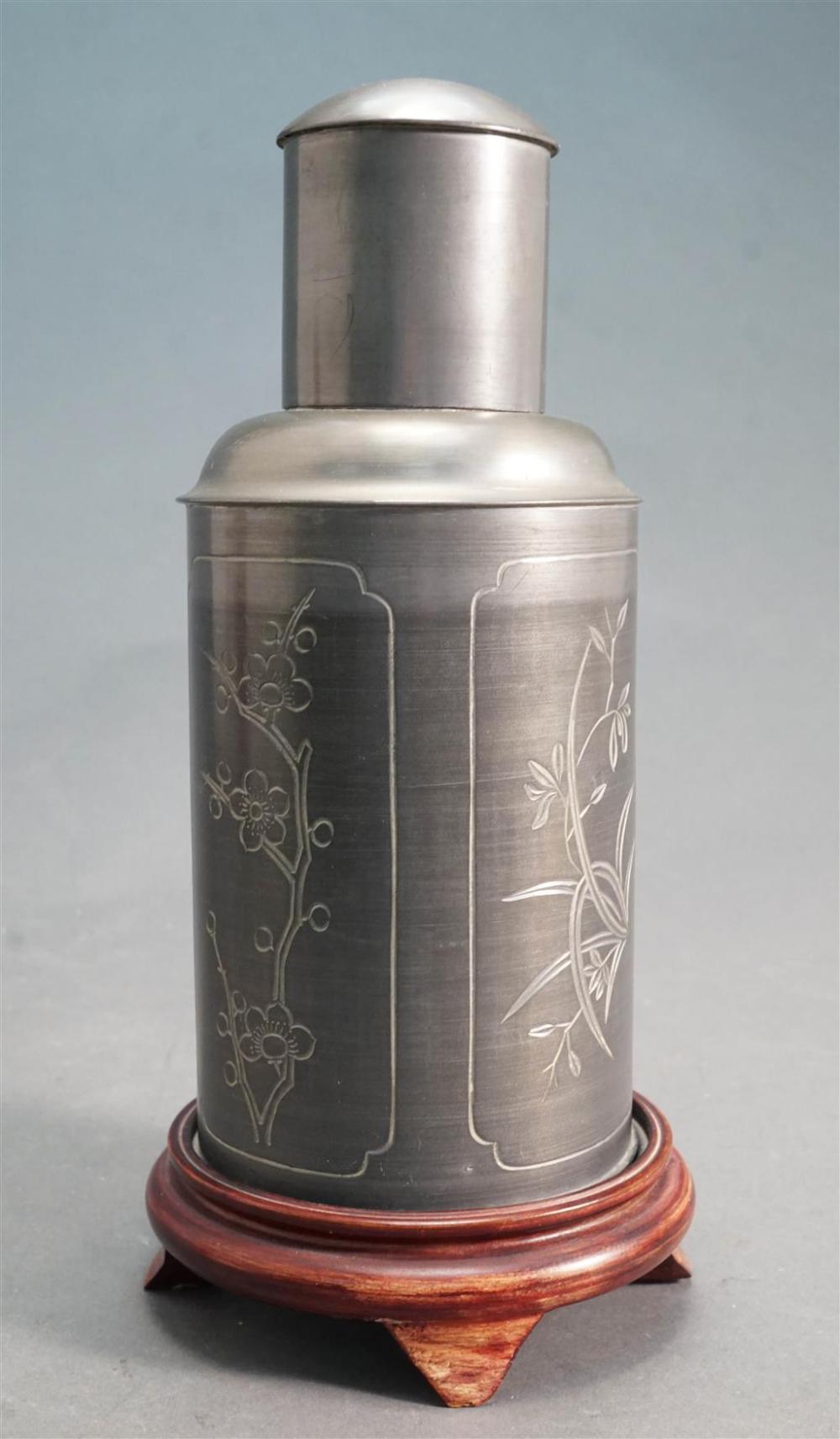 CHINESE PEWTER TEA CADDY ON