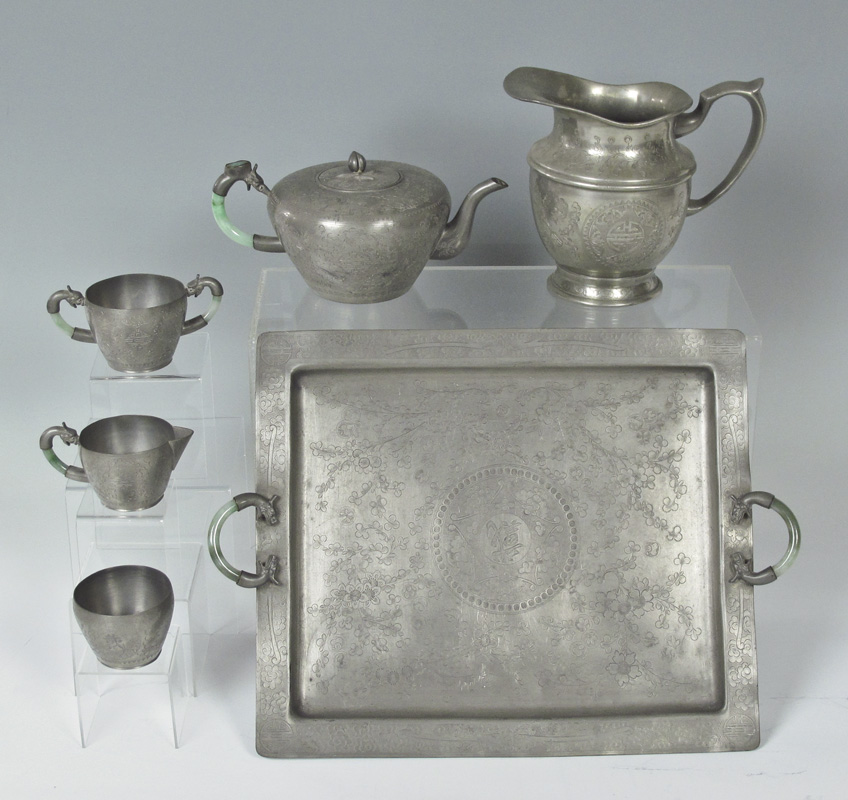 CHINESE PEWTER TEA SET WITH JADE?