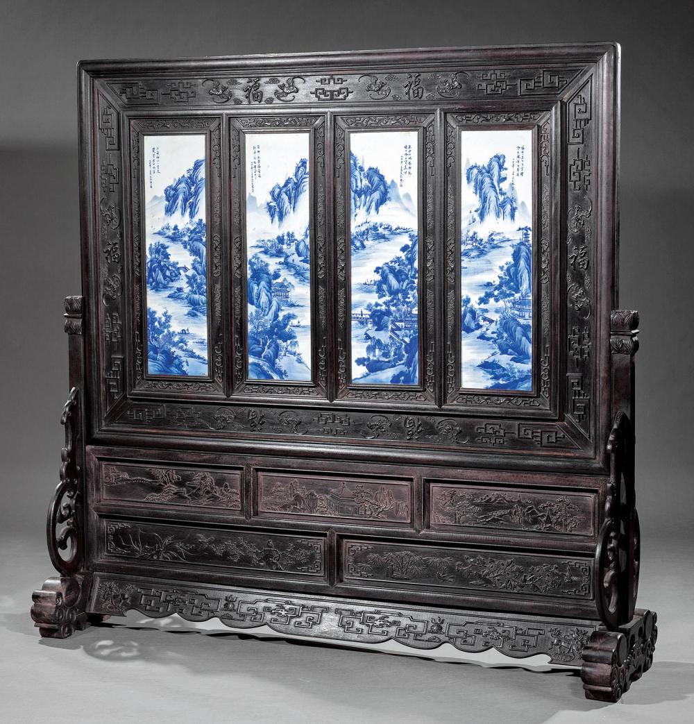 CHINESE PORCELAIN INSET HARDWOOD