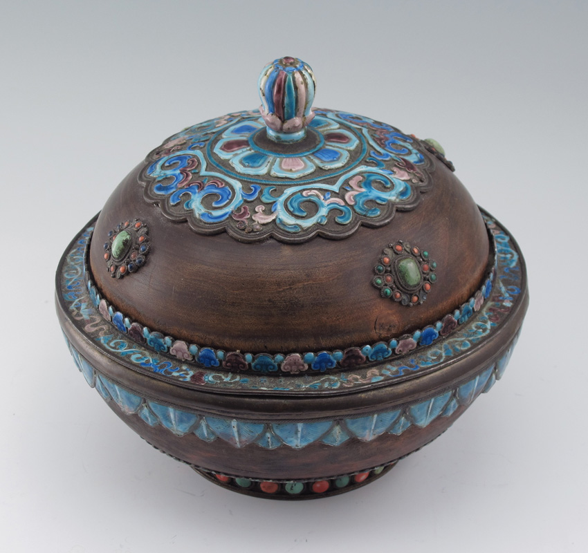 CHINESE PRAYER BOWL: Wood bowl clad