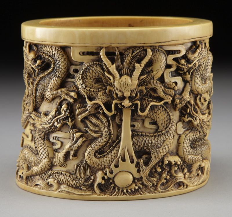 Chinese Qing carved ivory brush pot