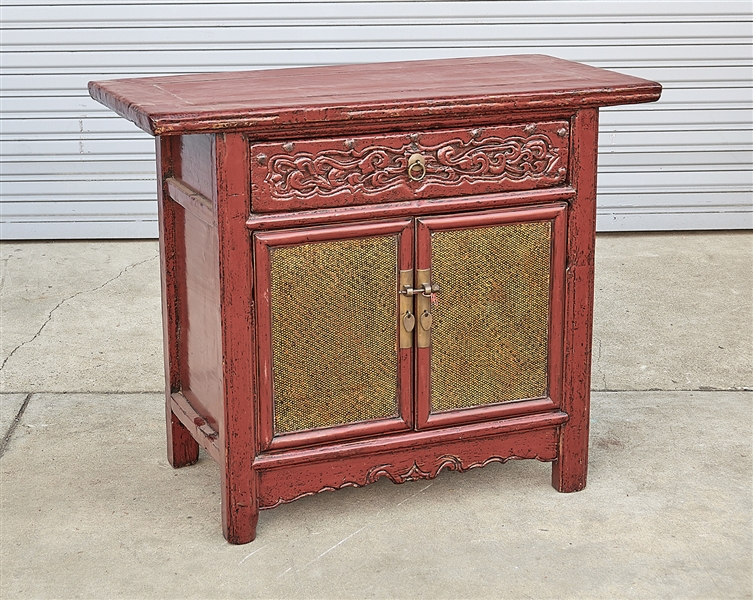 Chinese red hard wood chest; carved
