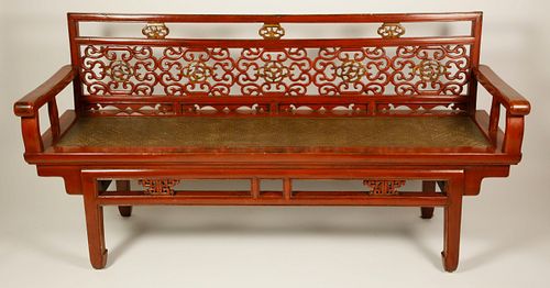 CHINESE RED LACQUER AND RATTAN SEAT