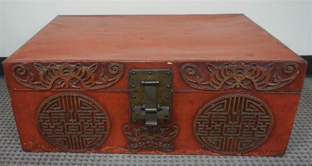 CHINESE RED LACQUER LIFT-TOP TRUNK,