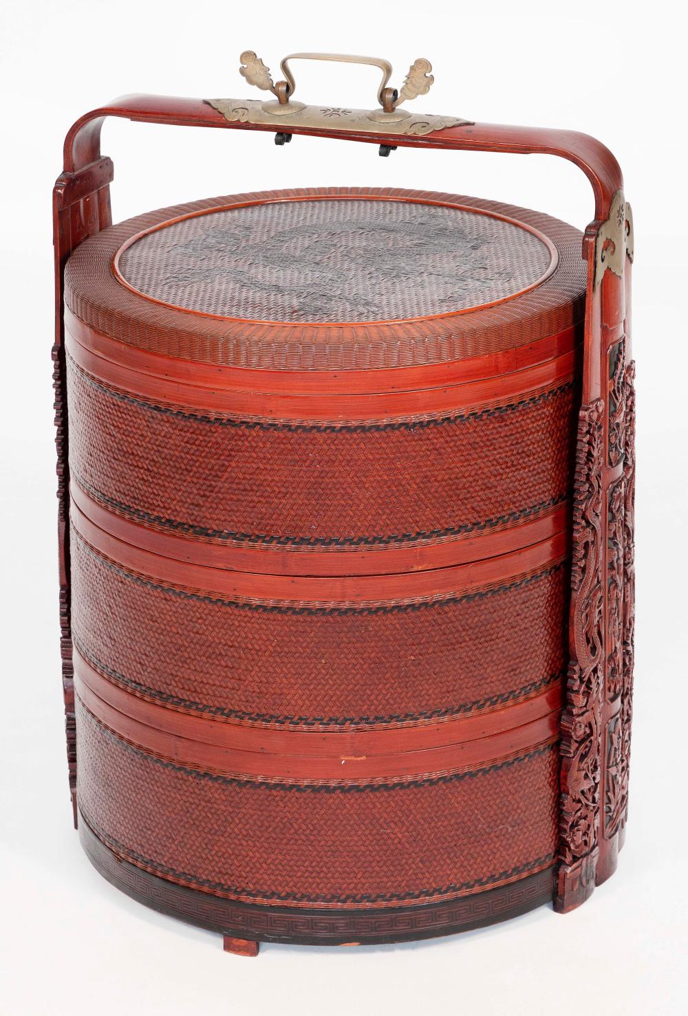 CHINESE RED LACQUERED BAMBOO FOOD