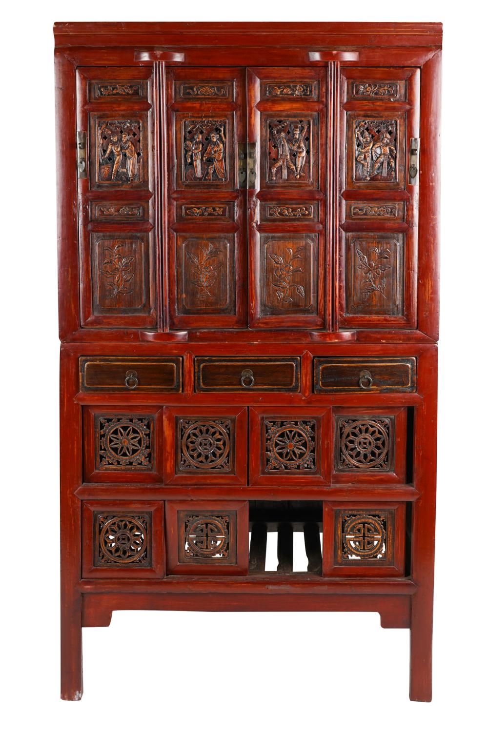CHINESE RED LACQUERED CABINETin two