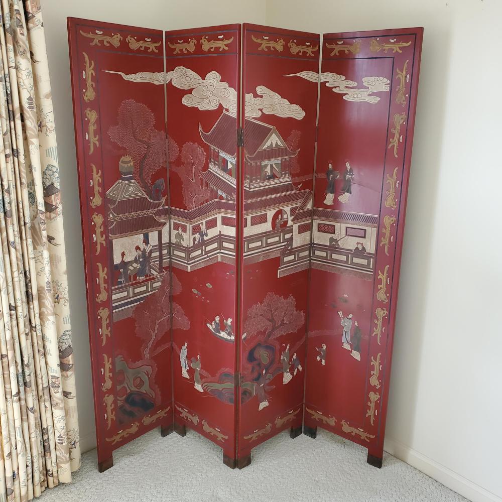 CHINESE RED LACQUERED FOUR PANEL