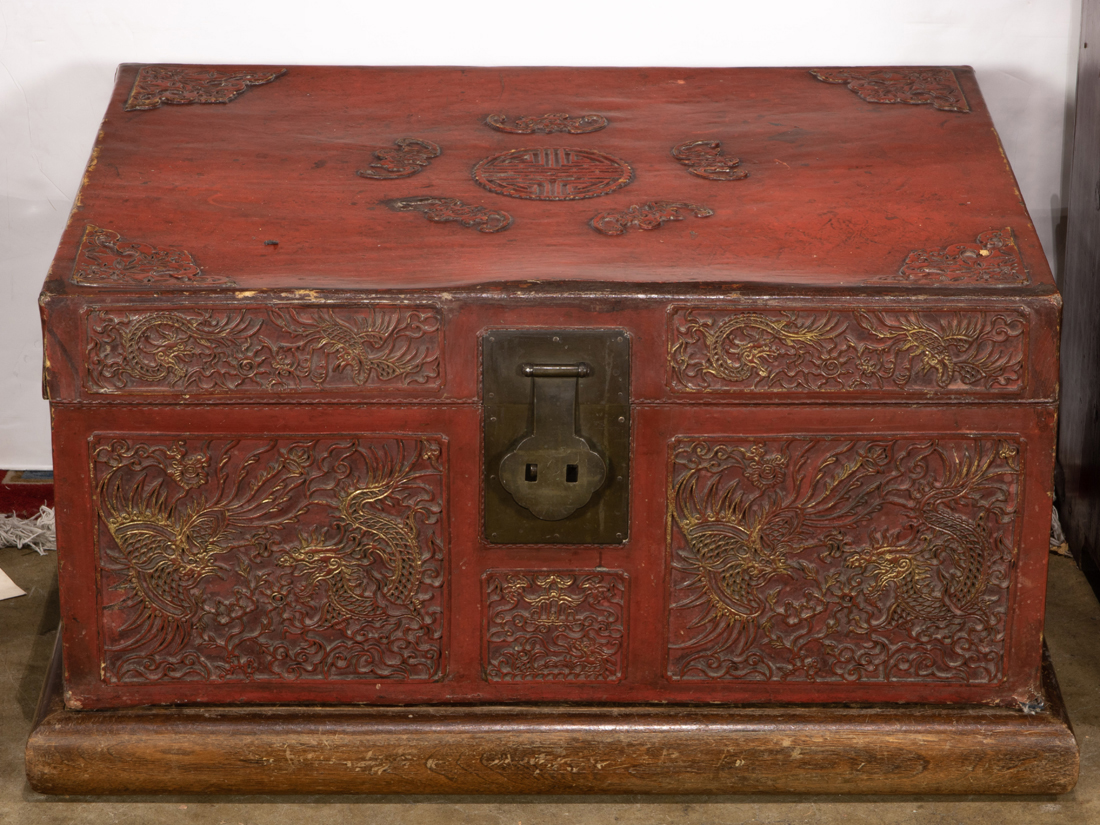 CHINESE RED PIG SKIN CHEST AND WOOD