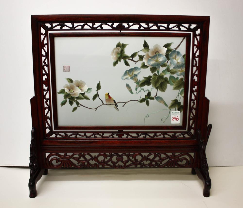 CHINESE ROSEWOOD AND GLASS PANEL