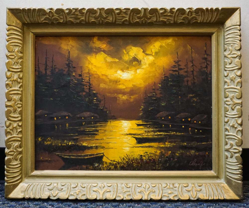 CHINESE SCHOOL, DOCKED BOATS, OIL