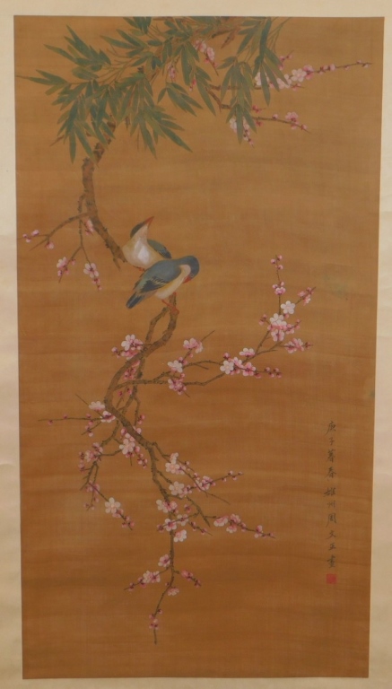 CHINESE SILK SCROLL AVIAN CHERRY