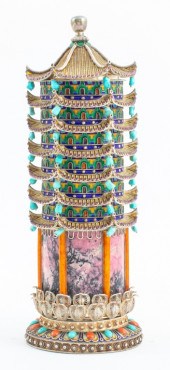 CHINESE SILVER ENAMEL & STONE