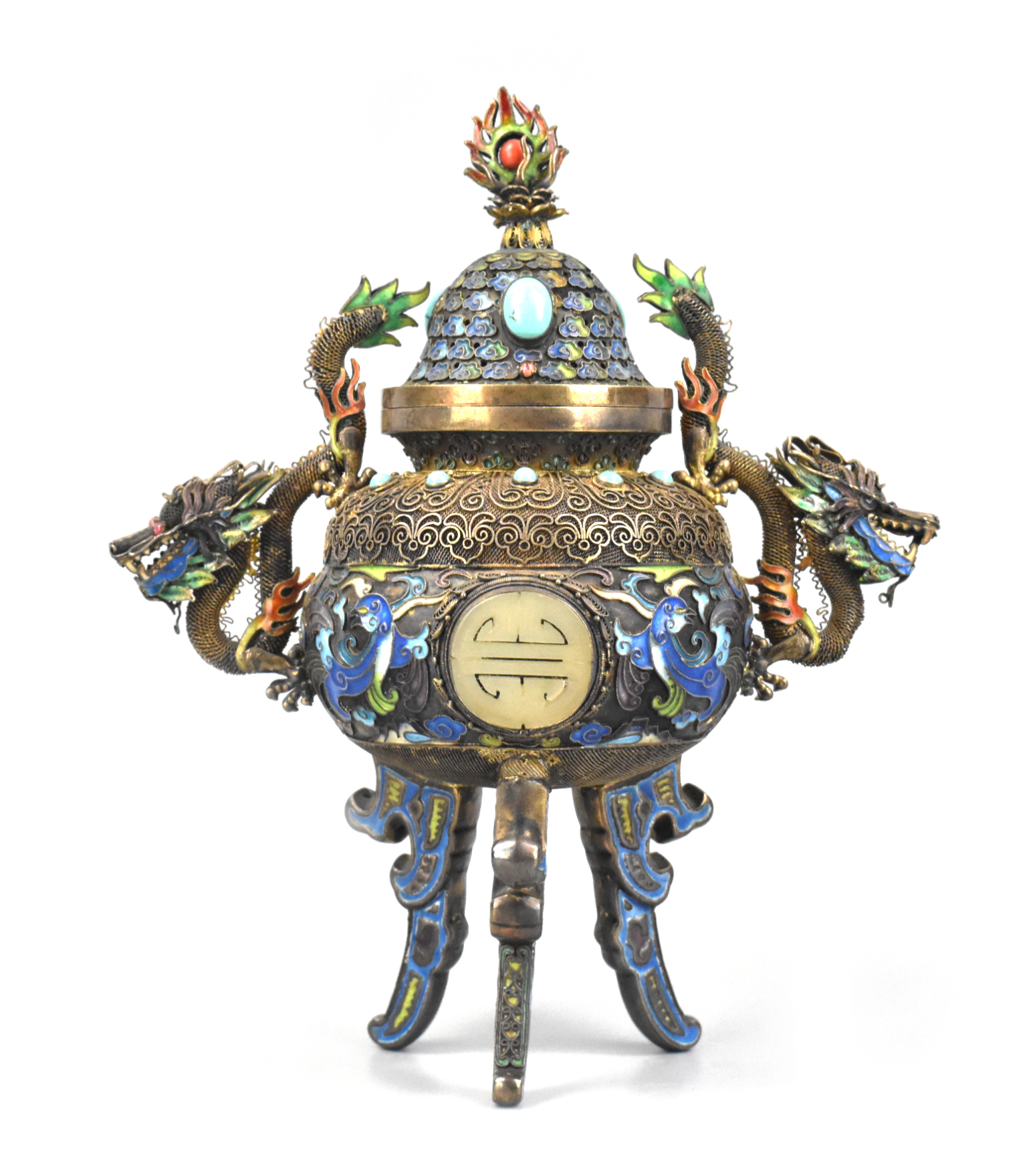 CHINESE SILVER ENAMEL TRIPOD CENSER