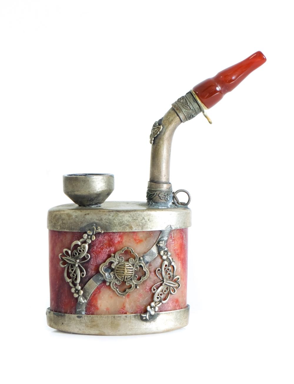 CHINESE SILVER & HARDSTONE OPIUM
