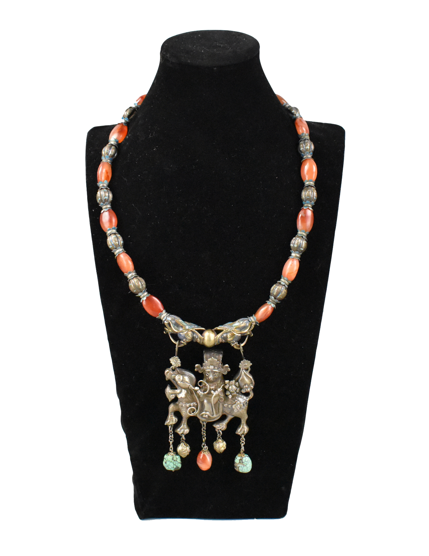 CHINESE SILVER NECKLACE W/ AGATE&