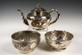 CHINESE SILVER TEAPOT & (2) BO