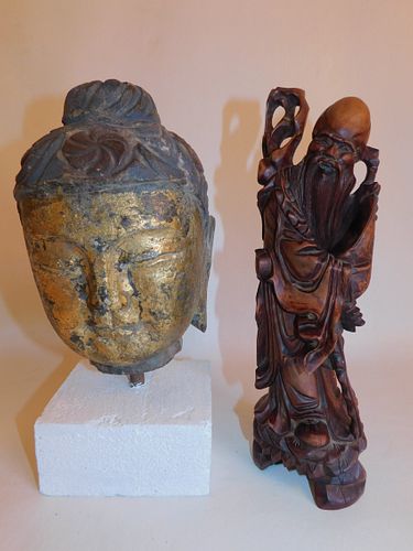 CHINESE STONE BUDDHA & WOOD