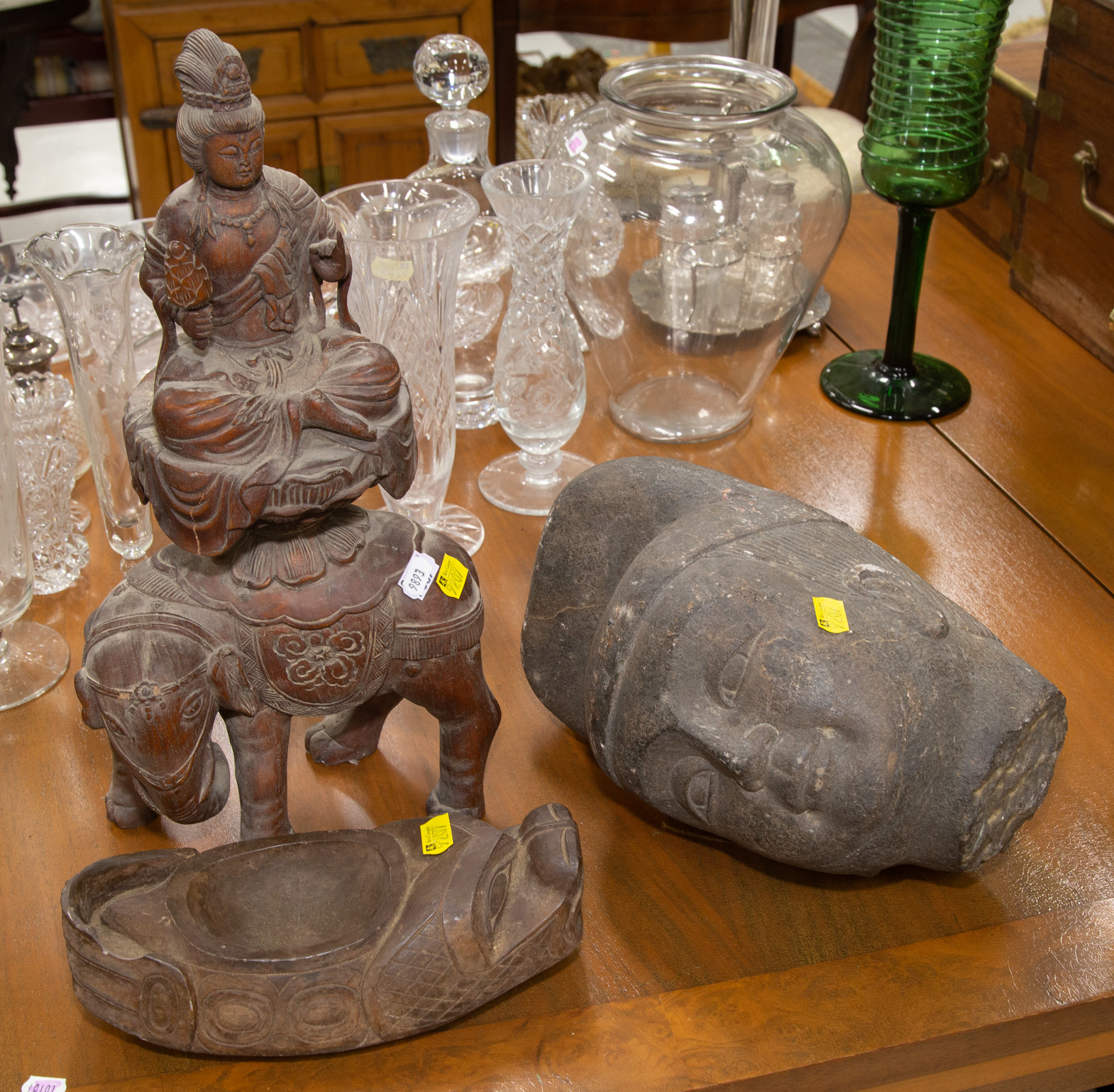 CHINESE STONE HEAD; WOODEN QUAN YIN