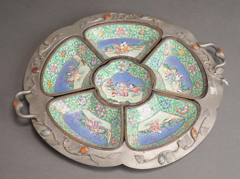 CHINESE STONE MOUNTED PEWTER AND