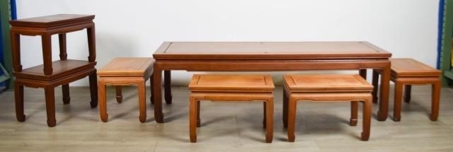 CHINESE TEA TABLE, STOOLS & SIDE