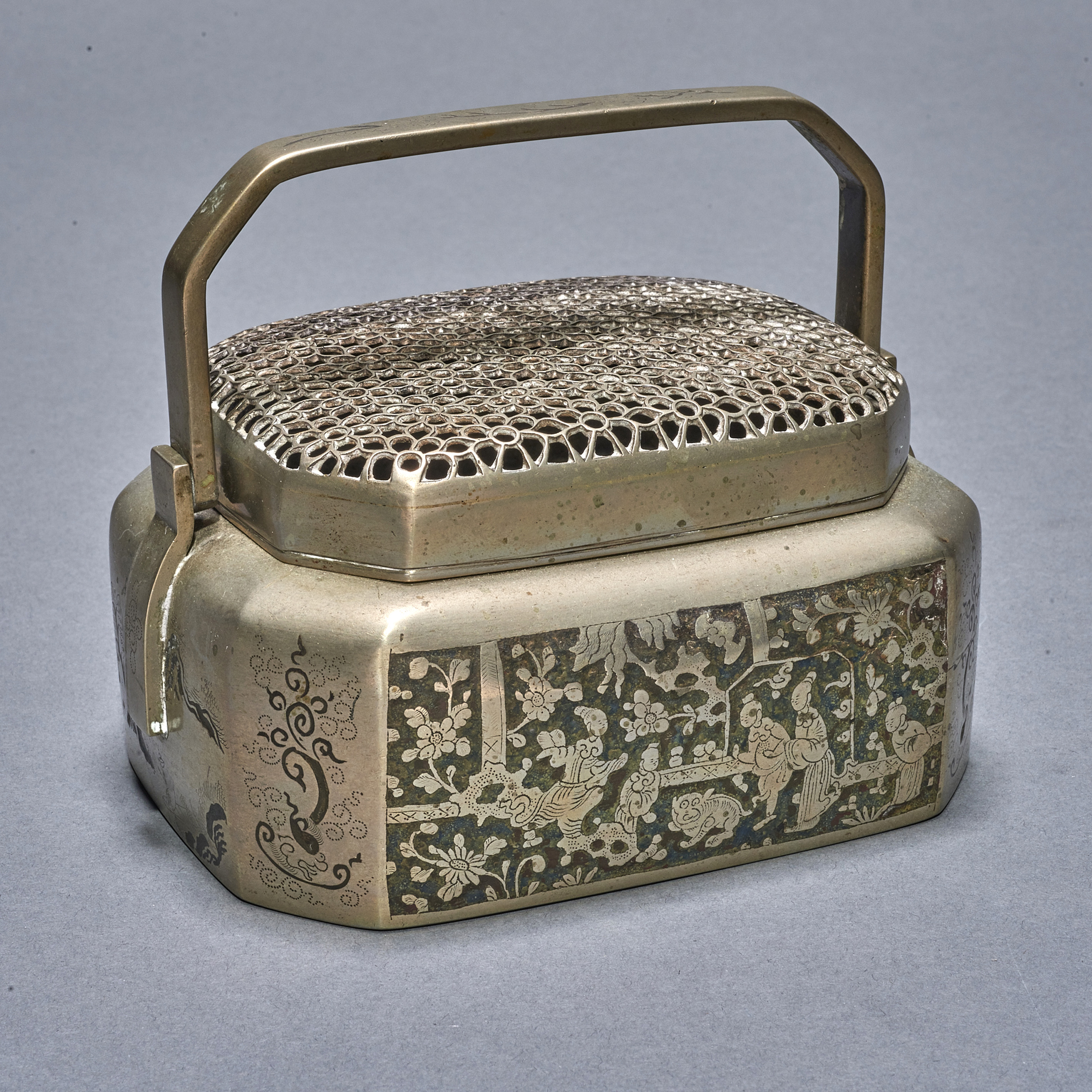 CHINESE WHITE BRASS HAND WARMER
