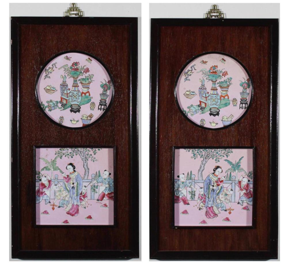 CHINESE WOOD AND PORCELAIN WALL