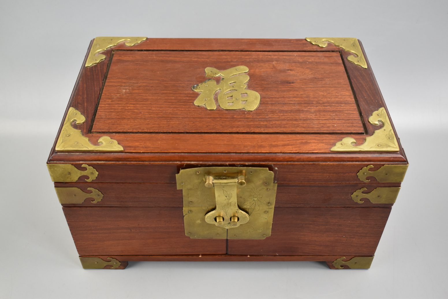 CHINESE WOOD CARVED BOX W/ BRASS
