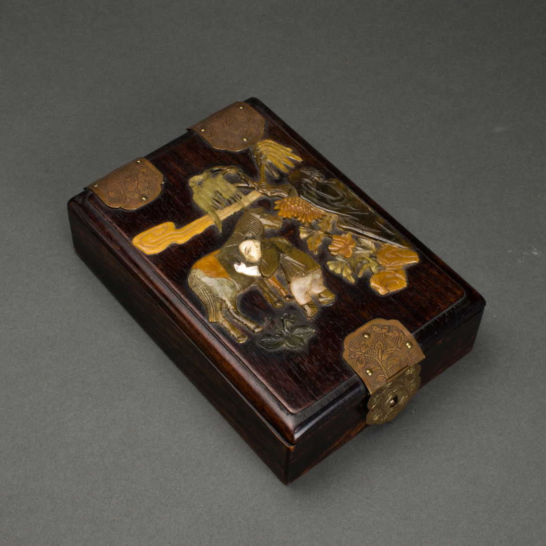 CHINESE WOOD JEWELRY BOX WITH STONE