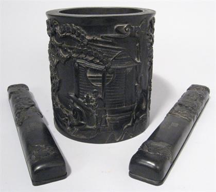 Chinese zitan brushpot and two