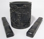 Chinese zitan brushpot and two