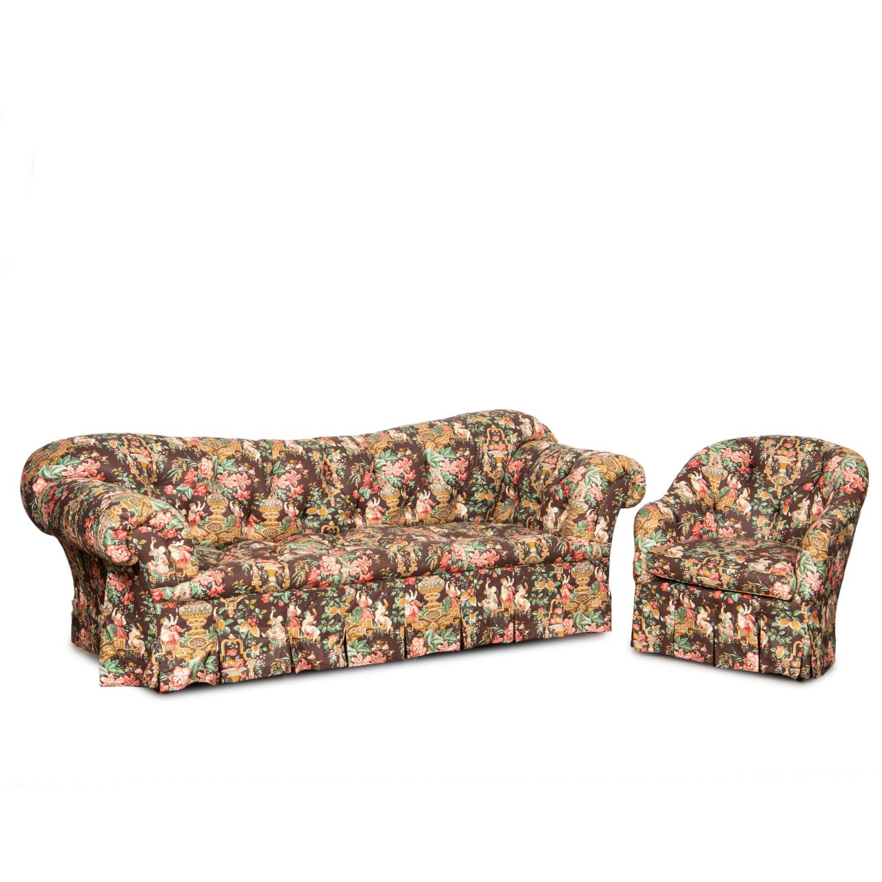 CHINOISERIE UPHOLSTERED TUFTED SOFA