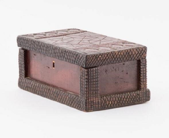 CHIP CARVED DEED BOX, N.B., LATE