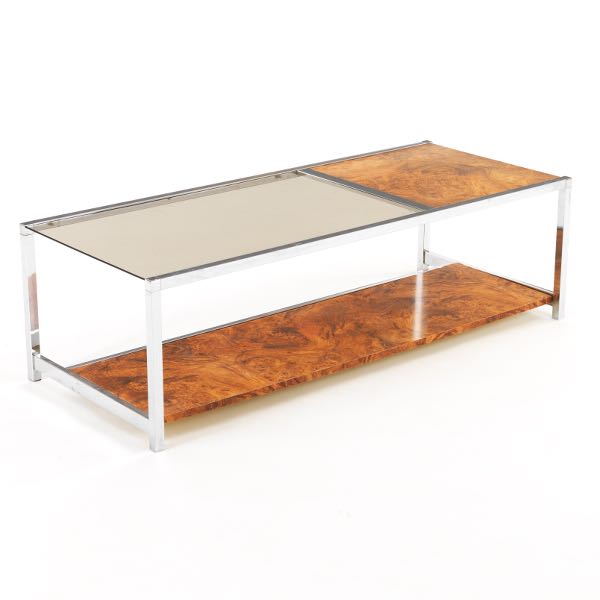 CHROME & BURL WOOD COFFEE TABLE