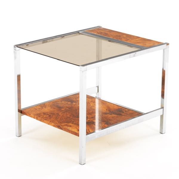 CHROME & BURL WOOD SIDE TABLE  21