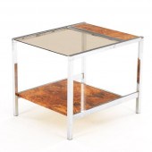CHROME & BURL WOOD SIDE TABLE