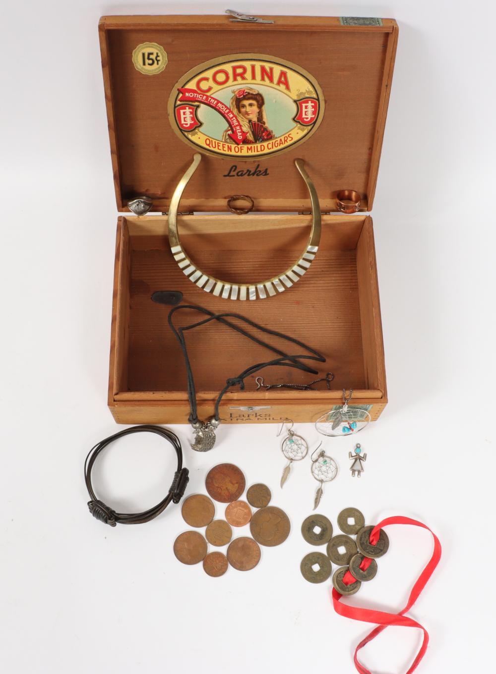 CIGAR BOX LOT OF JEWELRY AND