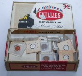 CIGAR BOX WITH COINS, TOKENS,