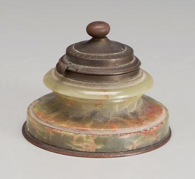 Circular green marble inkwell,