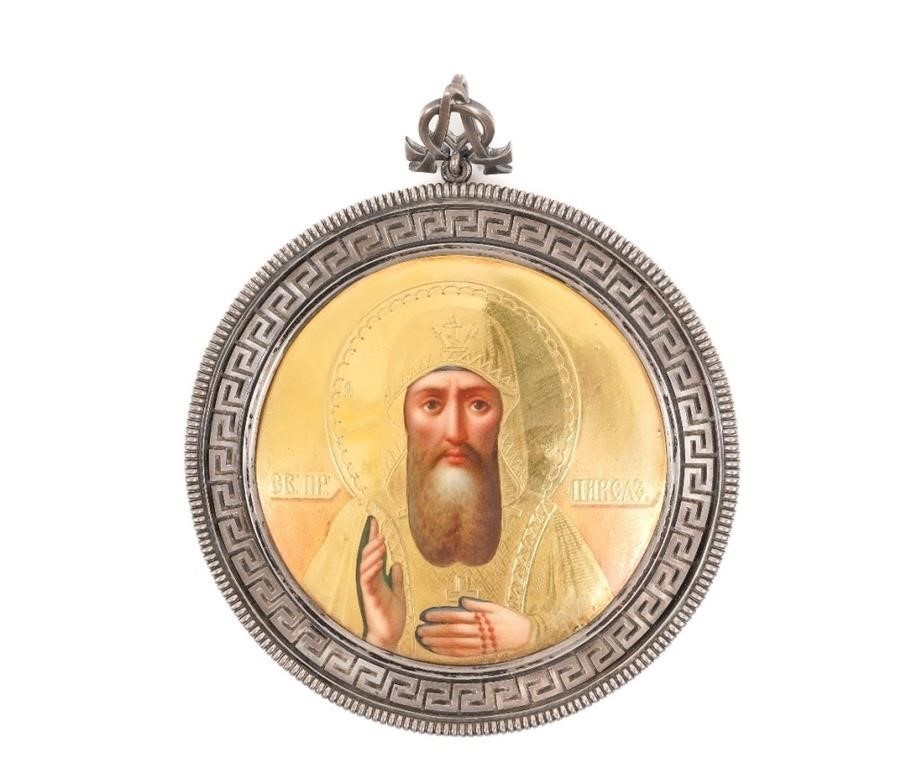 Circular painted porcelain icon