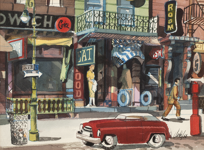 City shopfronts watercolor on paper