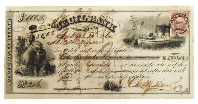 CIVIL WAR ERA $100 DEPOSIT NOTE,