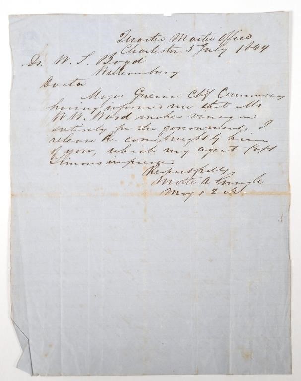 CIVIL WAR LETTER DISCUSSING VINEGAR