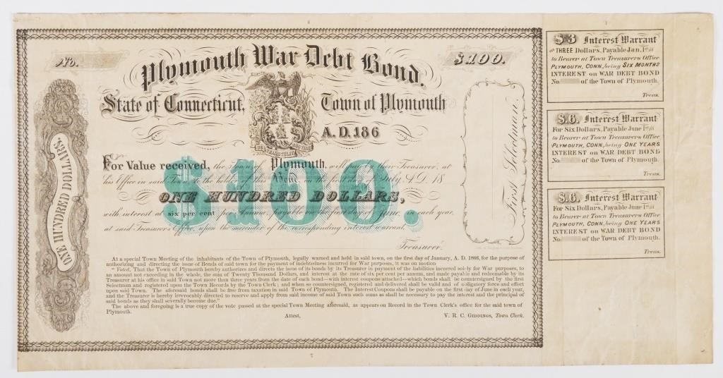 CIVIL WAR PLYMOUTH WAR DEBT BOND