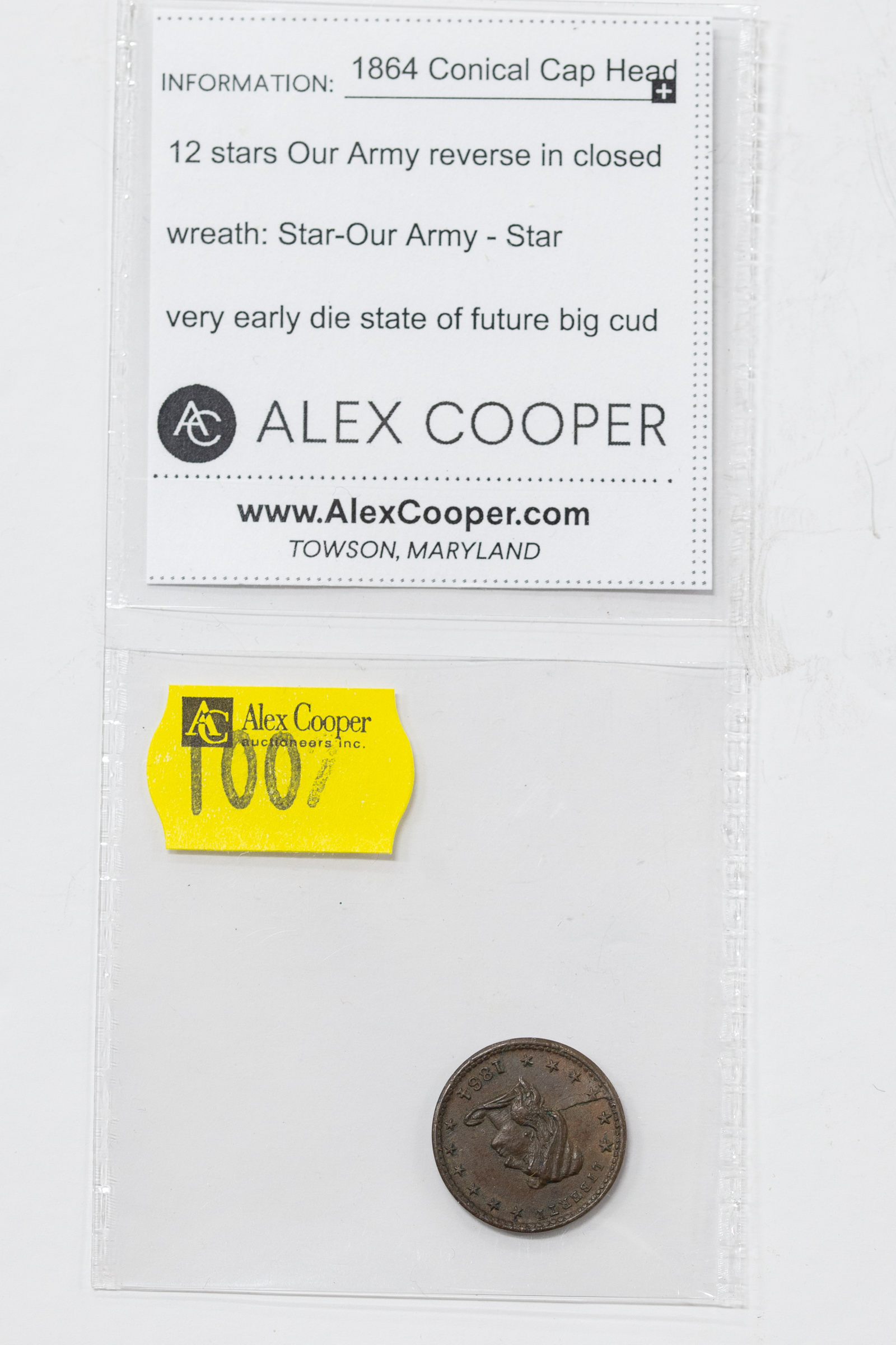 CIVIL WAR TOKEN 1864 CONICAL CAP