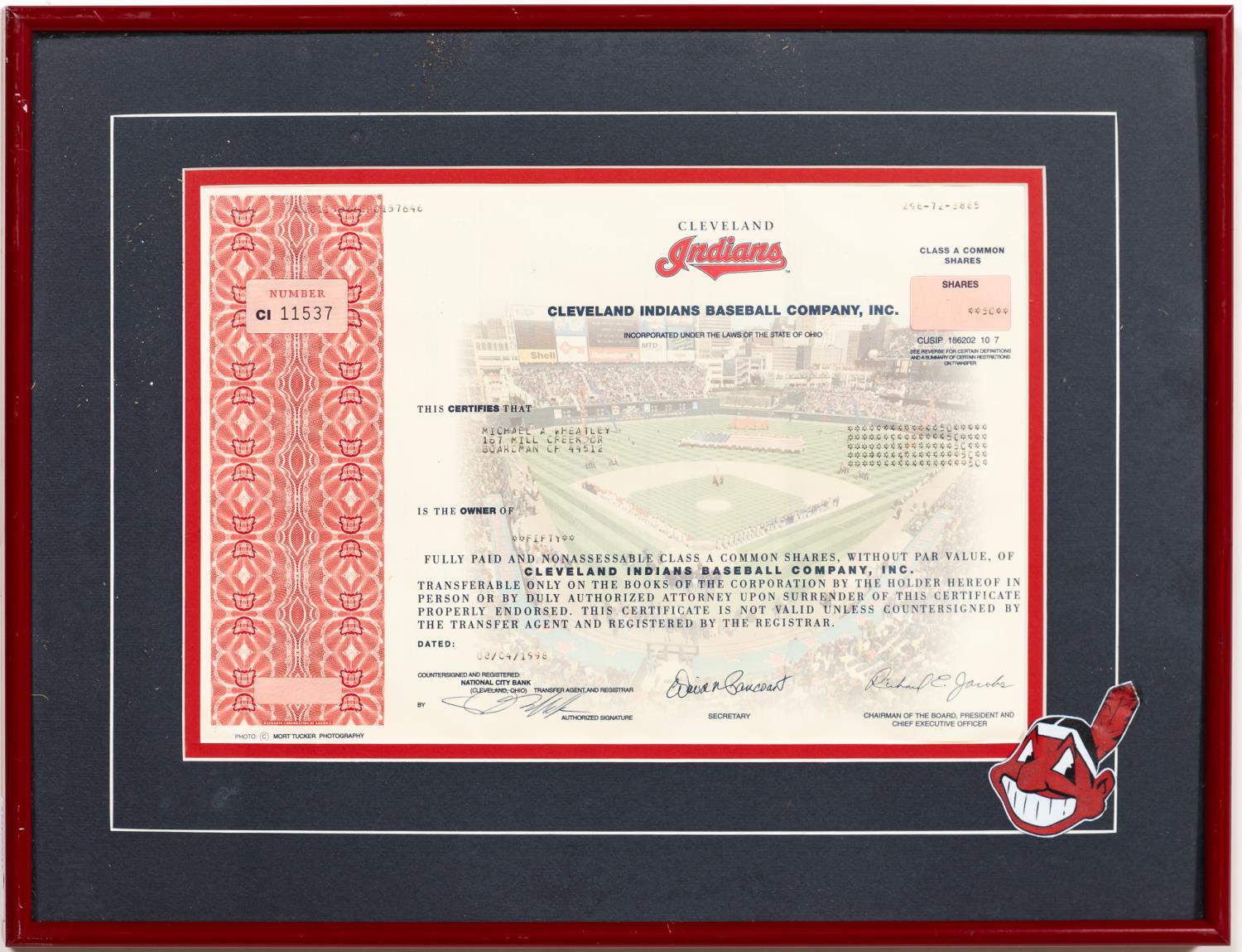 CLEVELAND INDIANS STOCK CERTIFICATE