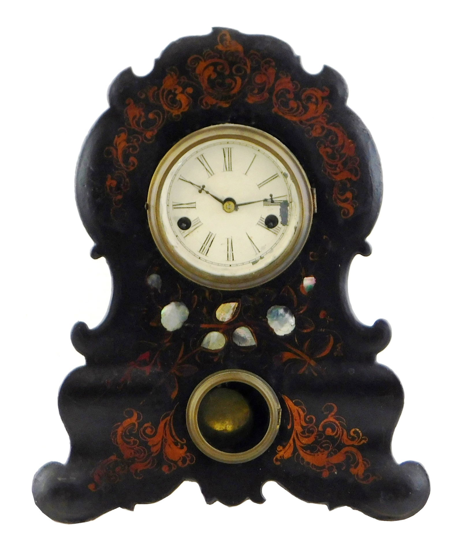 CLOCK: IRON FRONT SHELF CLOCK, C.