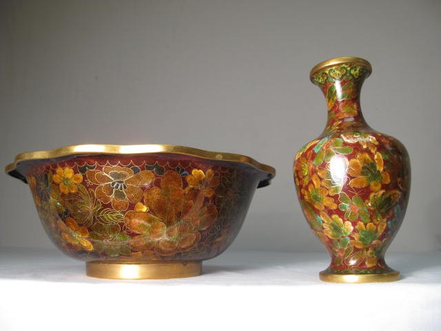 Cloisonne decorative bowl & vase.