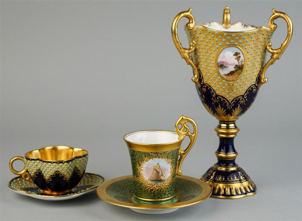 COALPORT 'JEWELED' URN AND TWO CUPS